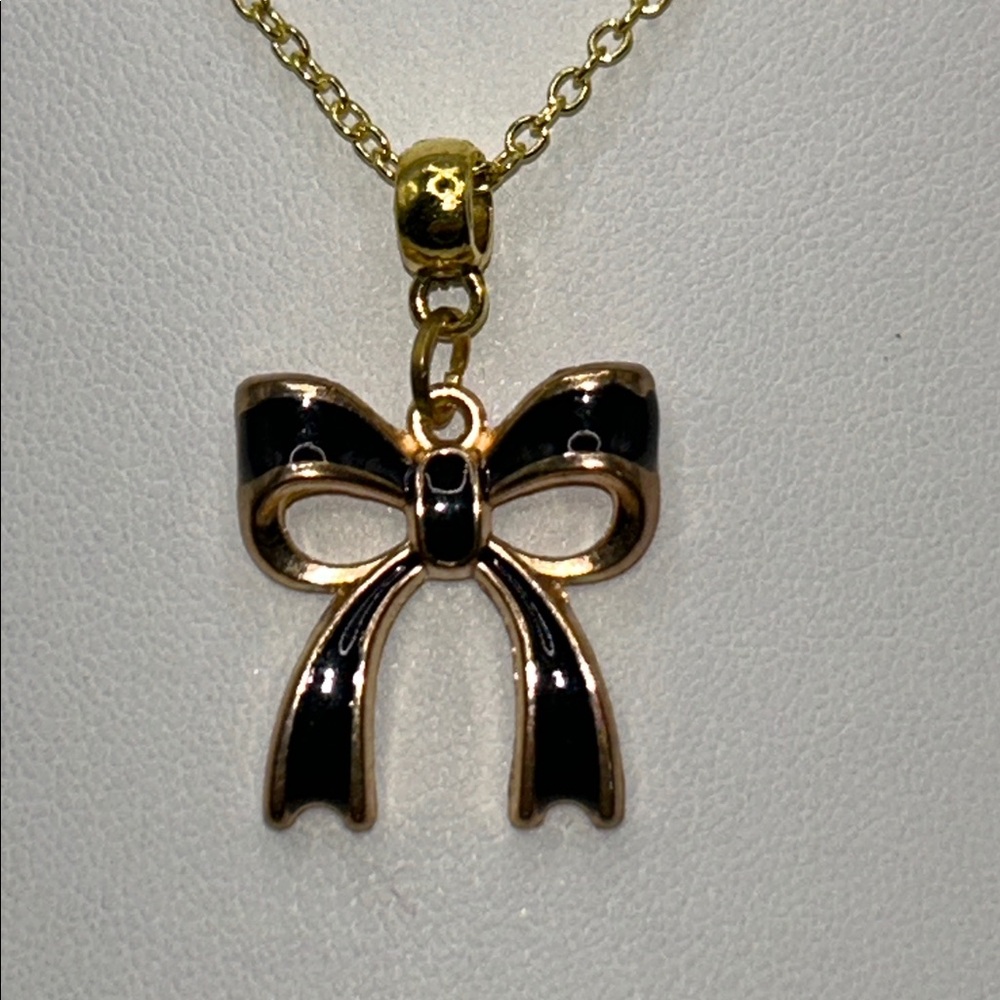 Artisan Handmade Gold Plated Sterling Silver Black Enamel Bow Charm Necklace